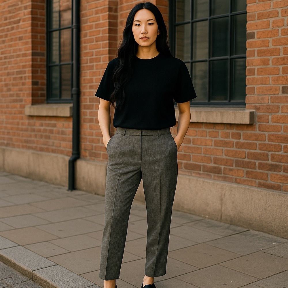Ann Taylor Black Top and Gray Straight Leg Pants